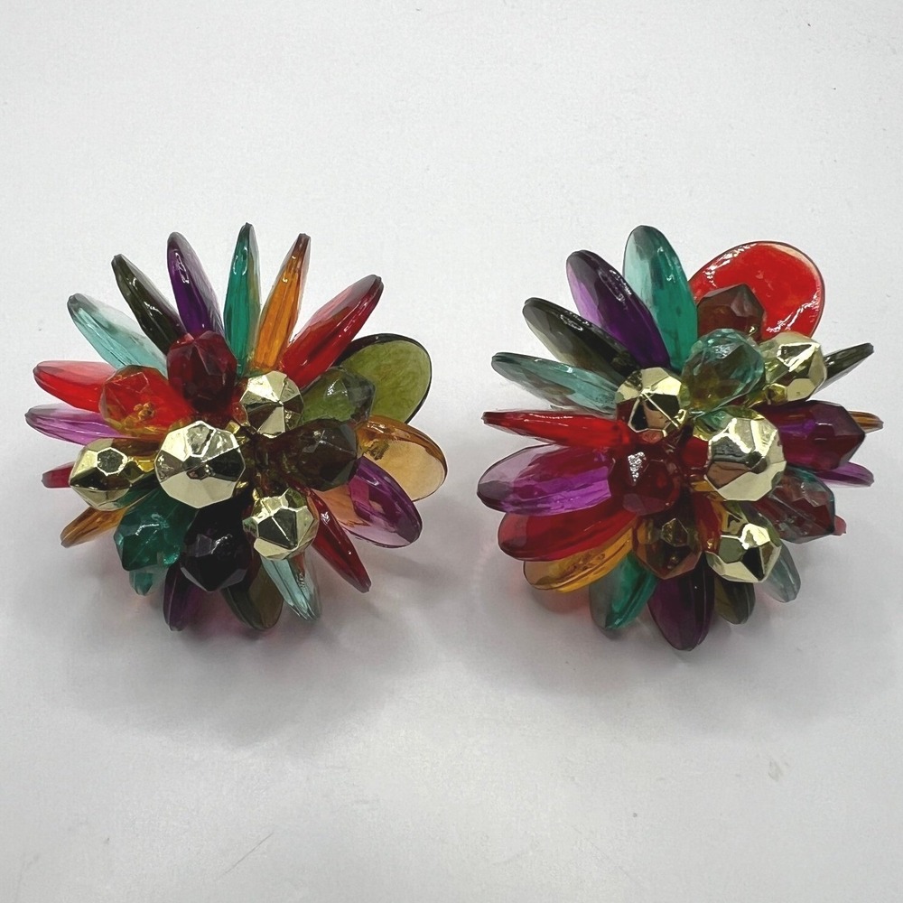 Vintage Lucite Fruit Salad Earrings Clip On Gold Bead Accents